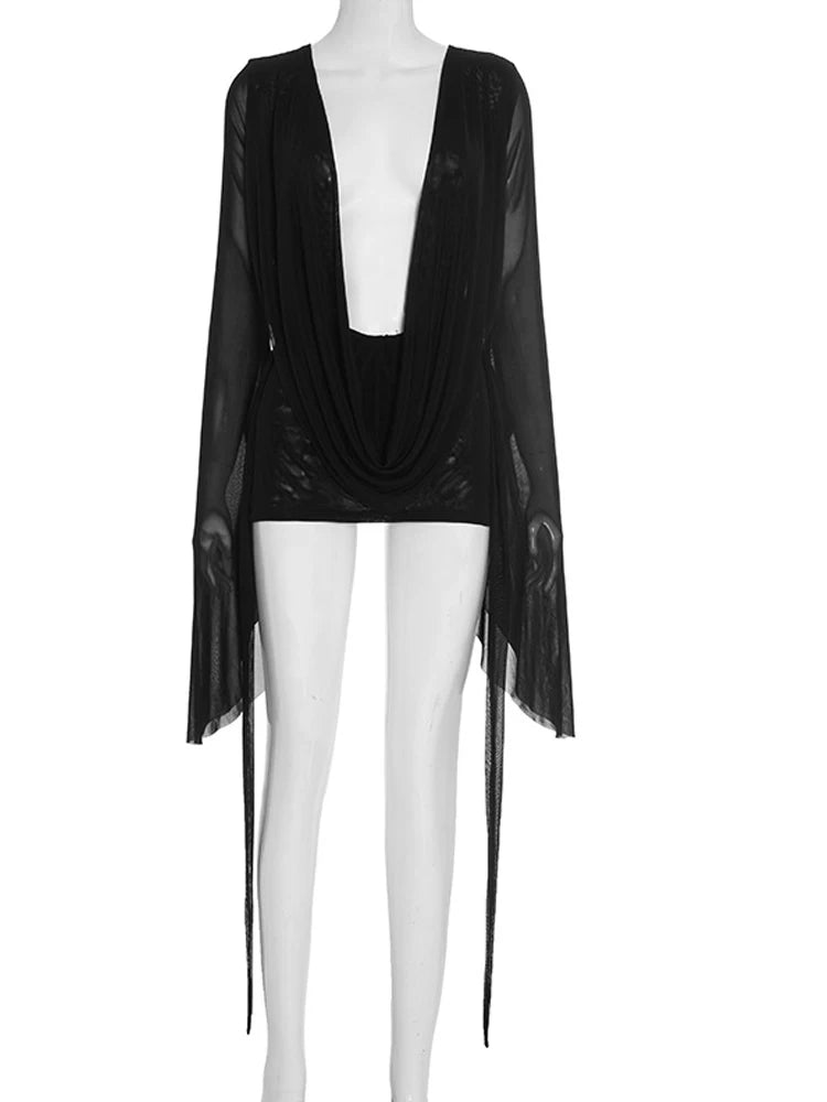 Flare Sleeve V-Neck Ruched Mesh Mini Dress