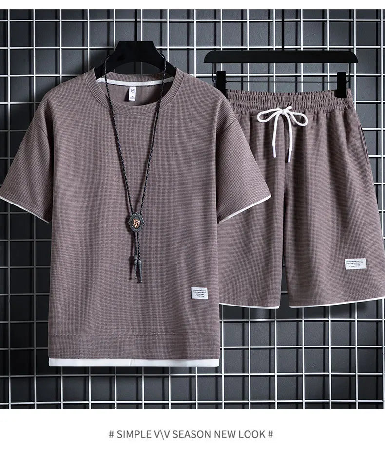 Men's Waffle T-Shirt & Shorts Tracksuit Set