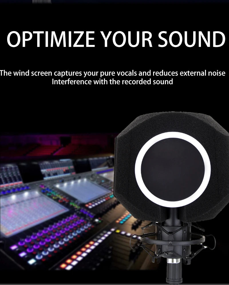 Acoustic Windscreen 5-Sided Seal - Wind Noise Reduction, Side-Open POP Filter, Quiet Studio, Portable & Lightweight