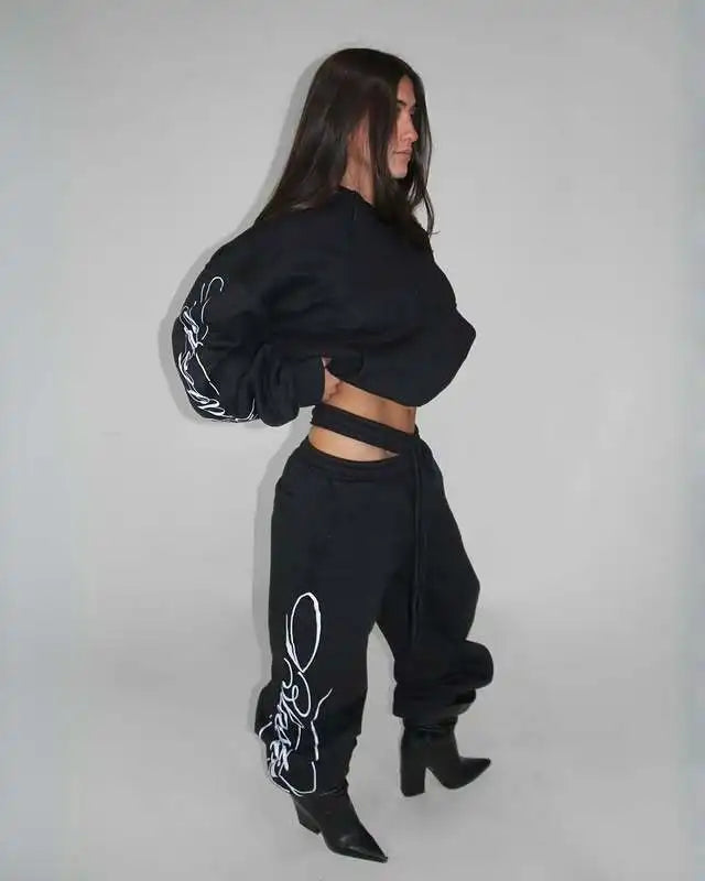 Grey Y2K Script Print Hoodie & Wide Leg Pants Set