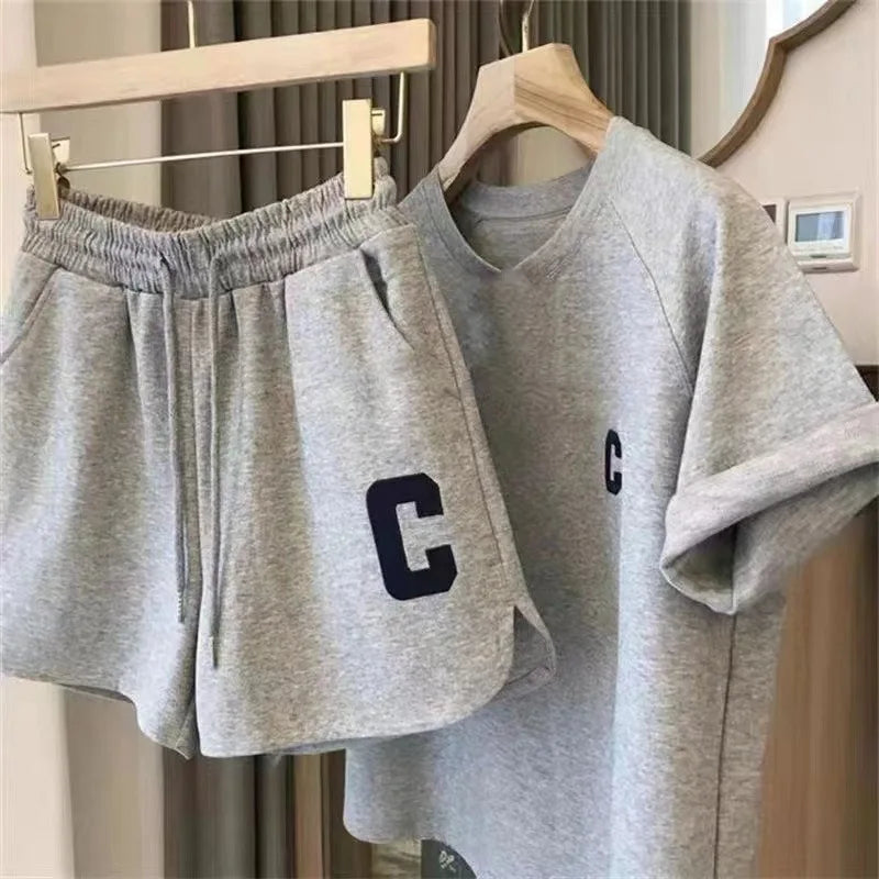 Women's Print Letter T-Shirt & Shorts Two-Piece Set