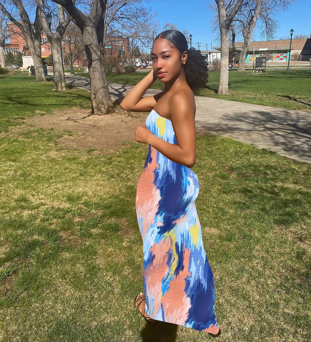 Spring/Summer Women's Colorful Tie Dye Print Off Shoulder Wrapped Chest Dress
