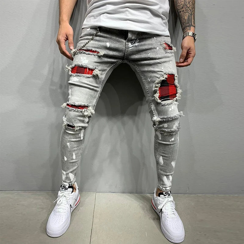 Grid Patch Ripped Slim Jeans