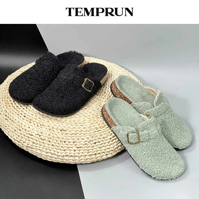 New Plush Closed-toe Slippers Retro Sandals Women Men's Indoor & Outdoor Slip-on Flat Shoes Suitable For Fall & Winter
