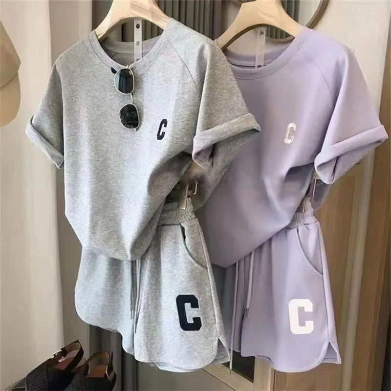 Women's Print Letter T-Shirt & Shorts Two-Piece Set
