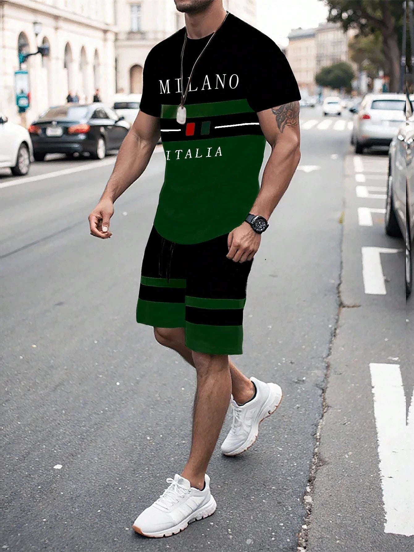 Men's Stripe Letter Print Oversized T-Shirt & Shorts Set