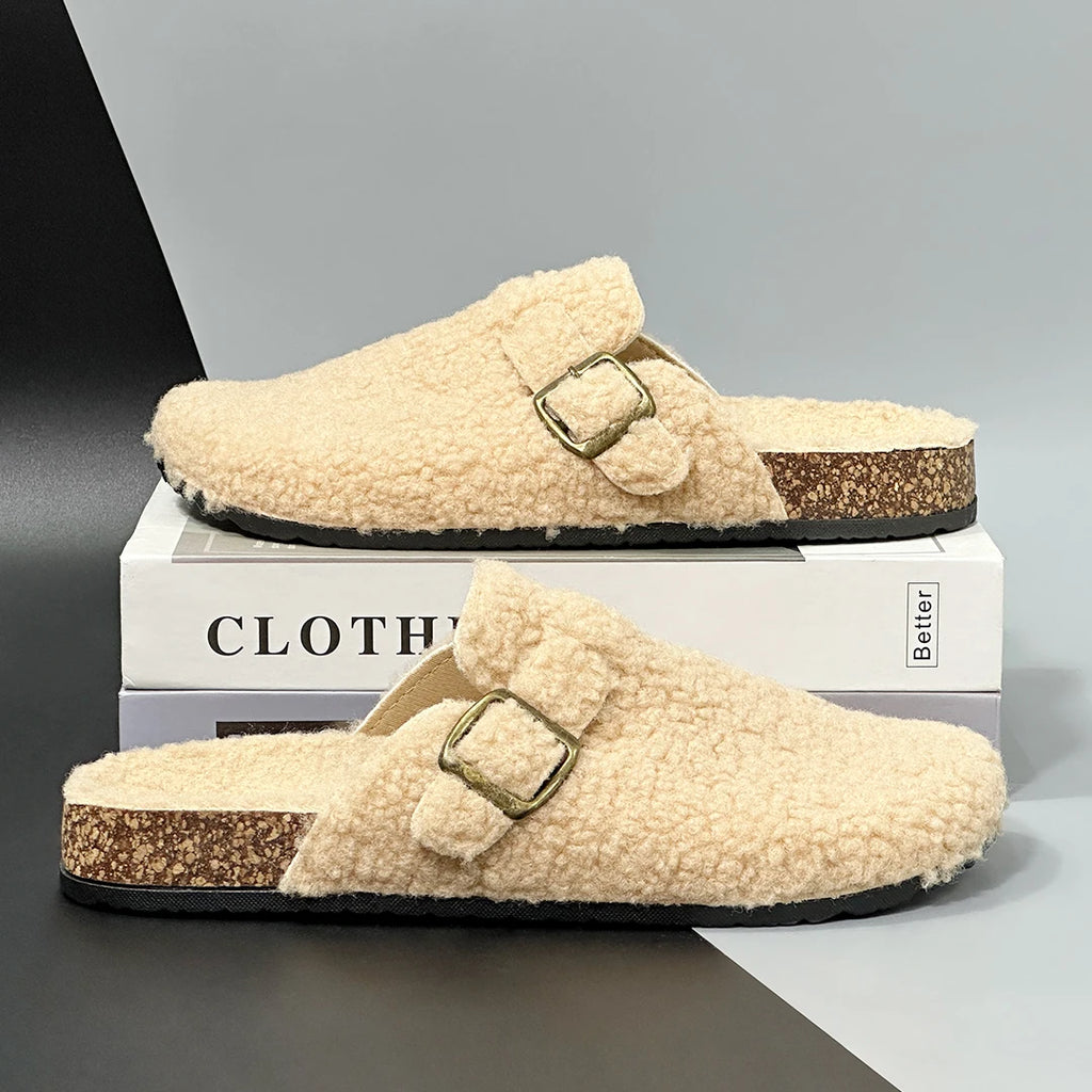 New Plush Closed-toe Slippers Retro Sandals Women Men's Indoor & Outdoor Slip-on Flat Shoes Suitable For Fall & Winter