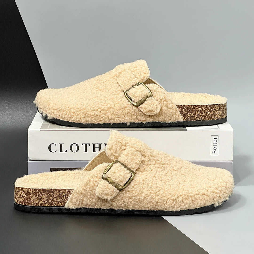 New Plush Closed-toe Slippers Retro Sandals Women Men's Indoor & Outdoor Slip-on Flat Shoes Suitable For Fall & Winter