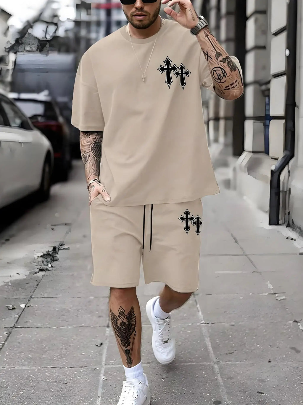 Men's Plus Size Urban Street T-Shirt & Shorts Set