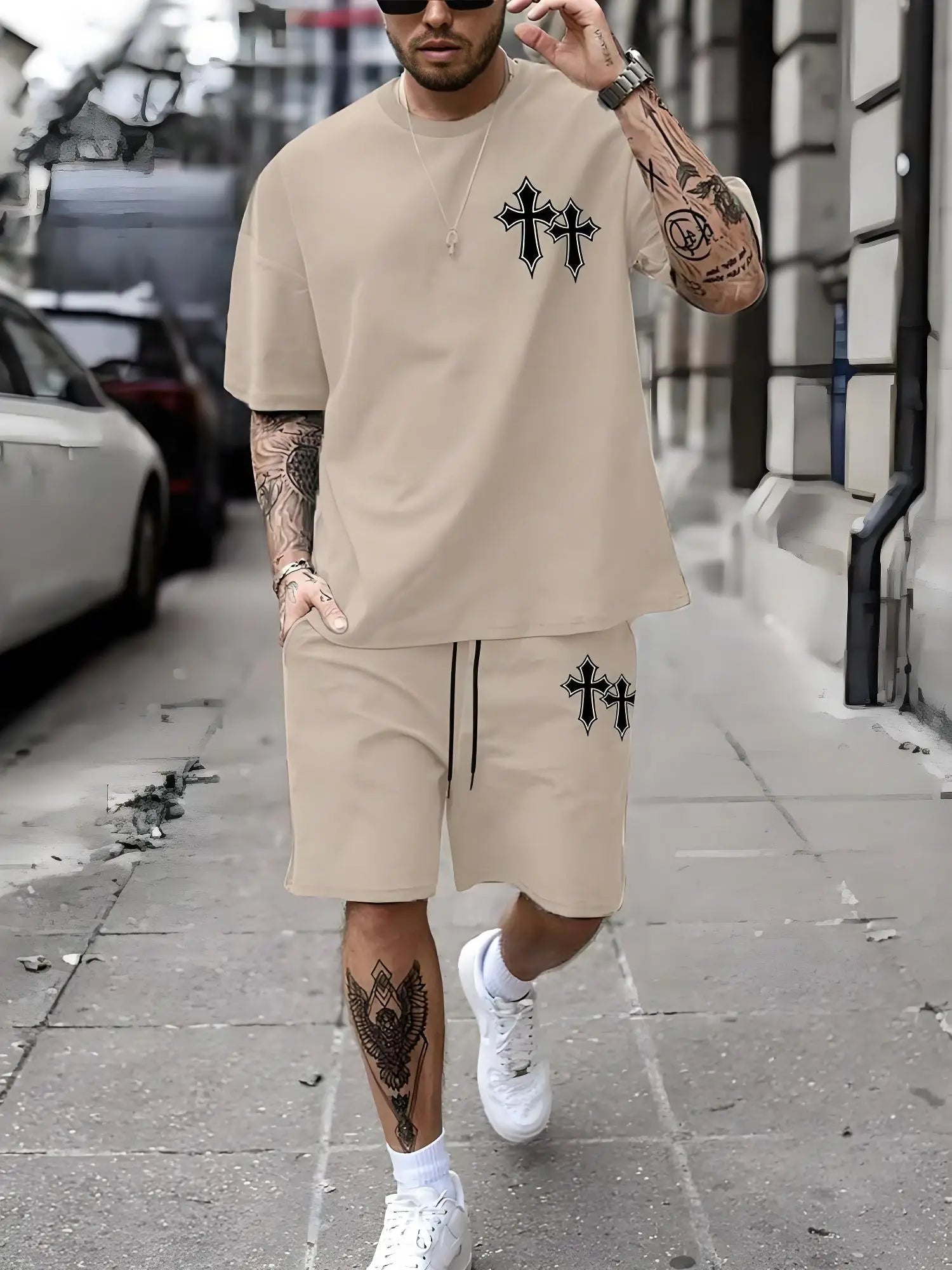 Men's Plus Size Urban Street T-Shirt & Shorts Set
