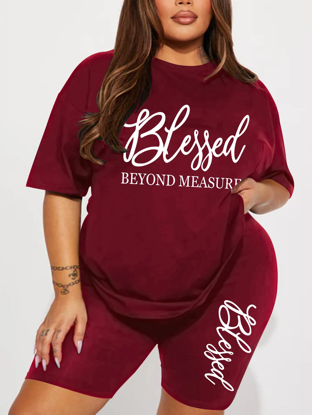 Plus Size Blessed Print Two-Piece Short Set — Women