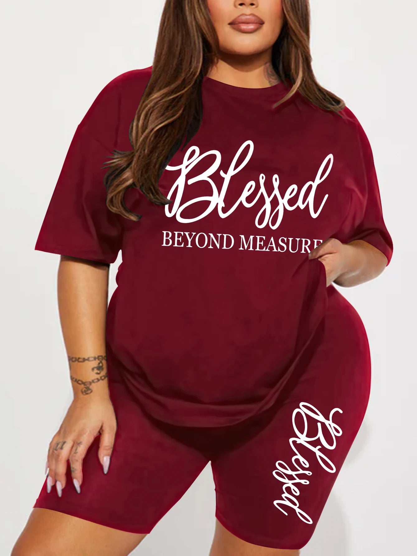 Plus Size Blessed Print Two-Piece Short Set — Women
