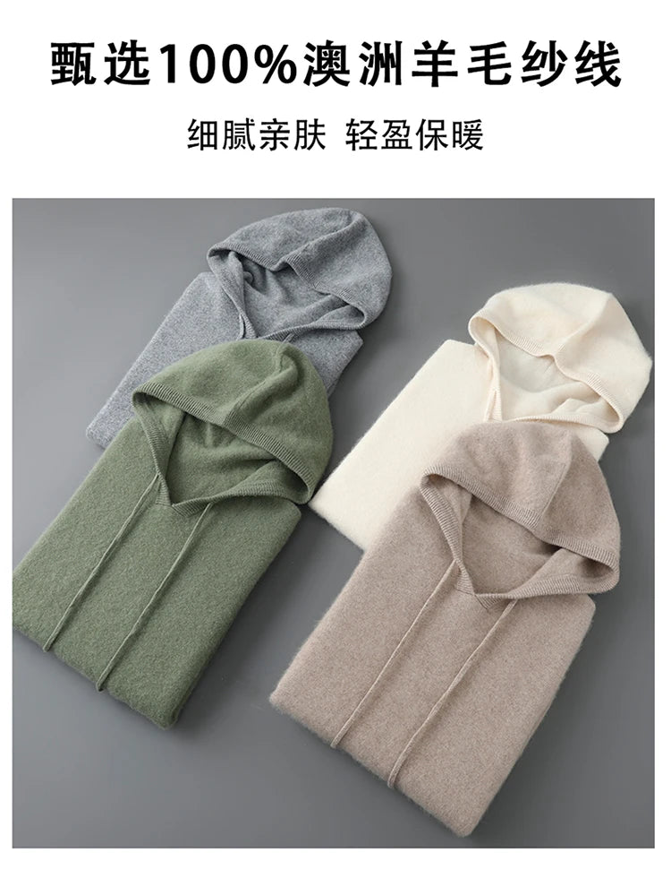 DjzDsm Autumn Winter Men's Sweater 100% Merino wool Thick Hooded Pullover Soft Knitwear Casual Comfort Wool Clothing Tops