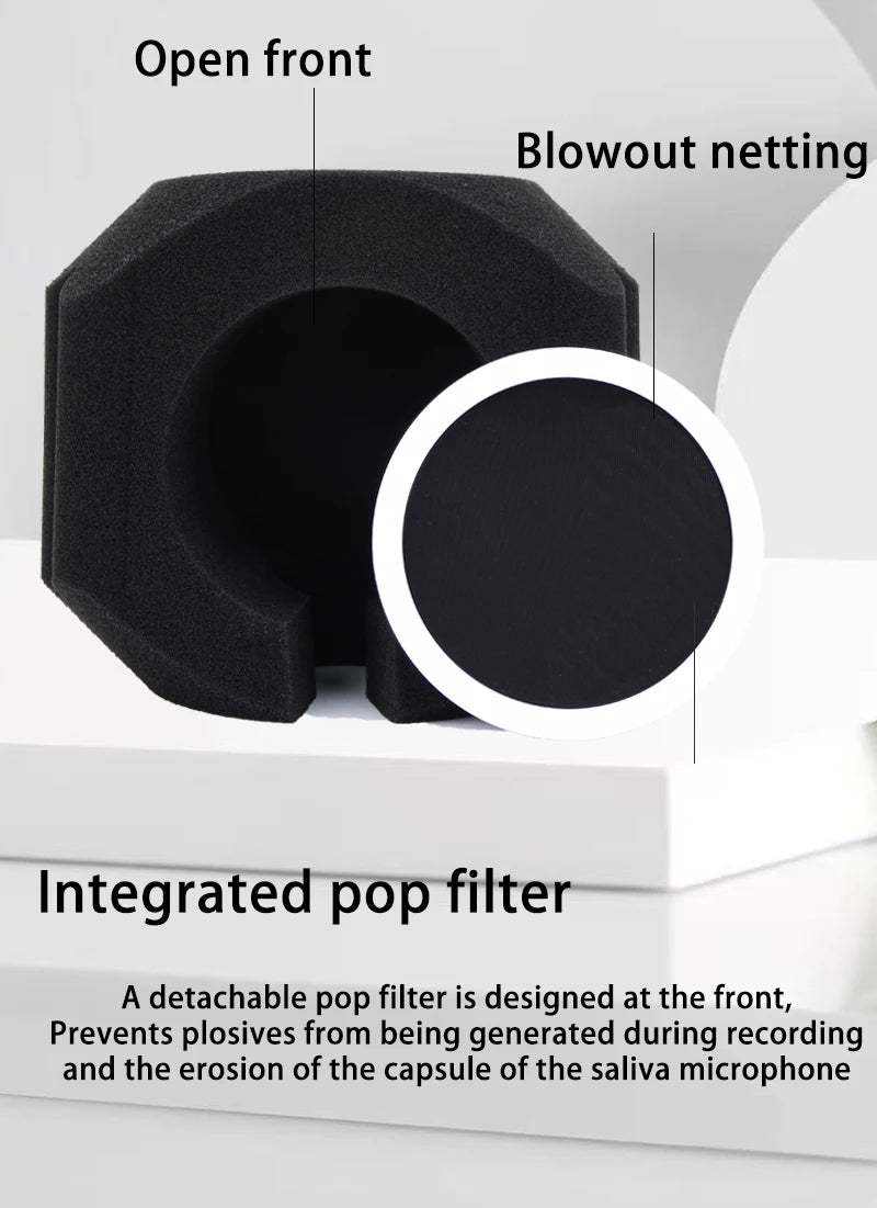 Acoustic Windscreen 5-Sided Seal - Wind Noise Reduction, Side-Open POP Filter, Quiet Studio, Portable & Lightweight