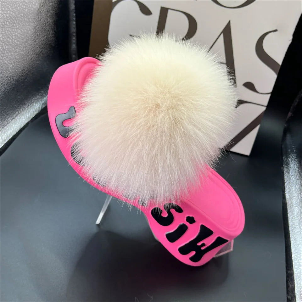 Women's Fox Fur Slippers Summer Open-Toe Fluffy Slippers Anti-Slip Shoes for Woman Sandals Fluffy Black Slides Fur Slides