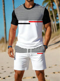 Men's Striped Print T-Shirt & Shorts Beach Set