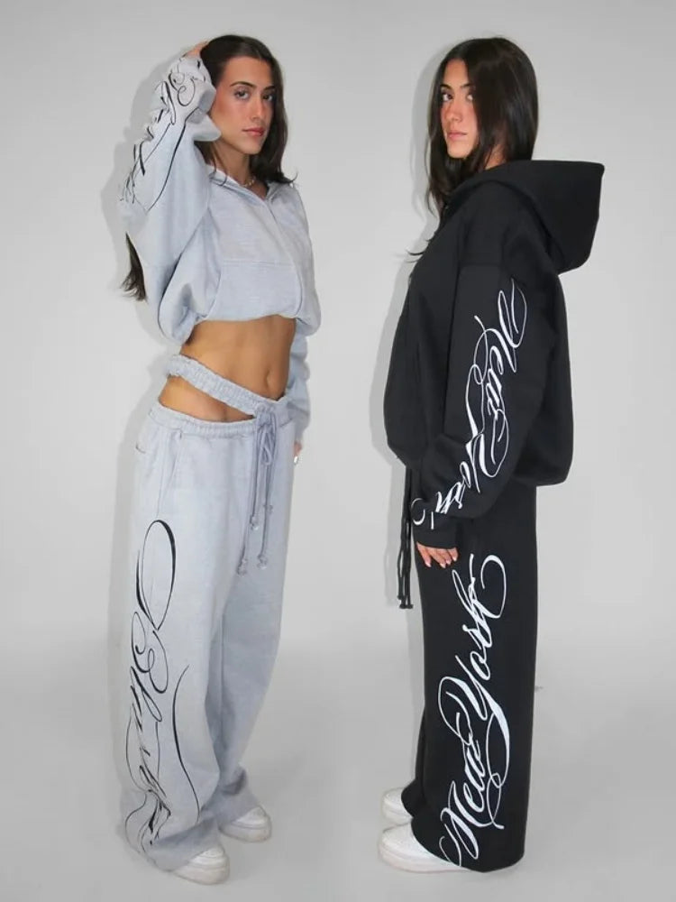 Grey Y2K Script Print Hoodie & Wide Leg Pants Set