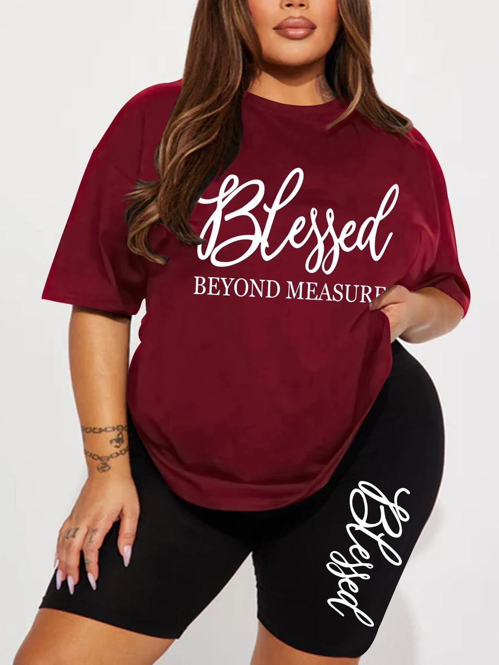 Plus Size Blessed Print Two-Piece Short Set — Women