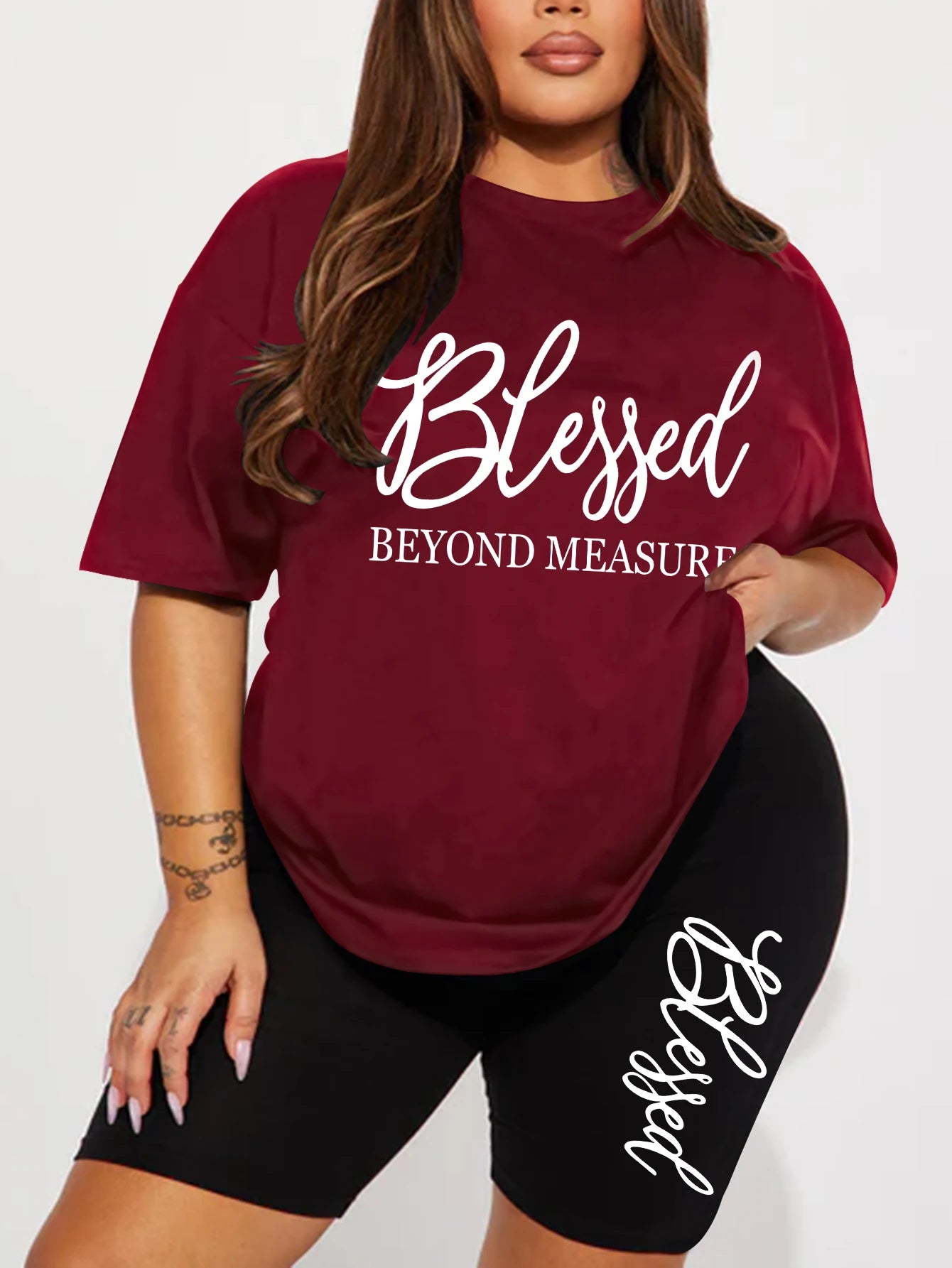 Plus Size Blessed Print Two-Piece Short Set — Women