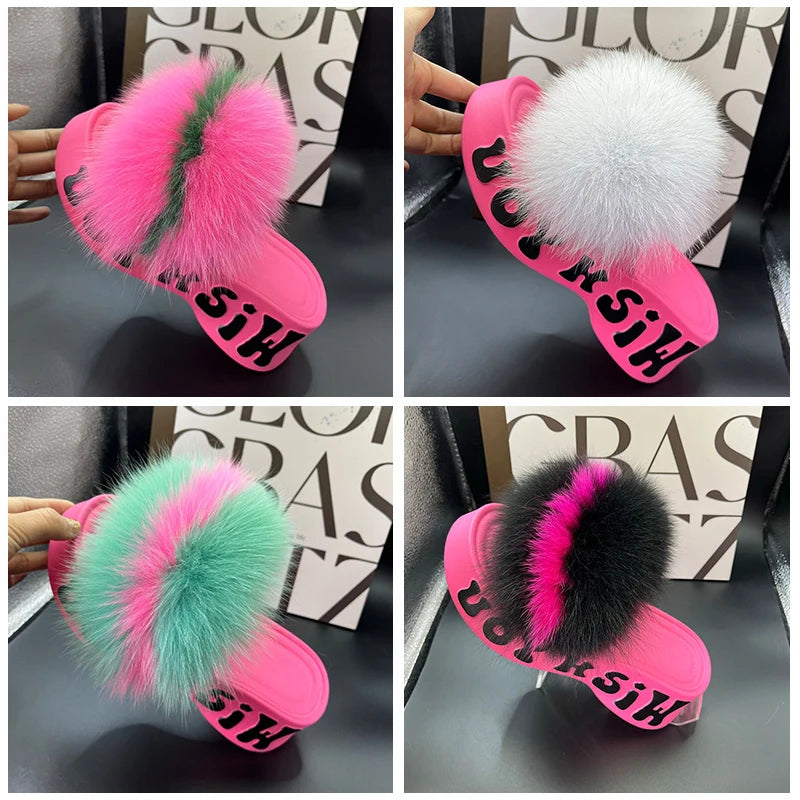 Women's Fox Fur Slippers Summer Open-Toe Fluffy Slippers Anti-Slip Shoes for Woman Sandals Fluffy Black Slides Fur Slides