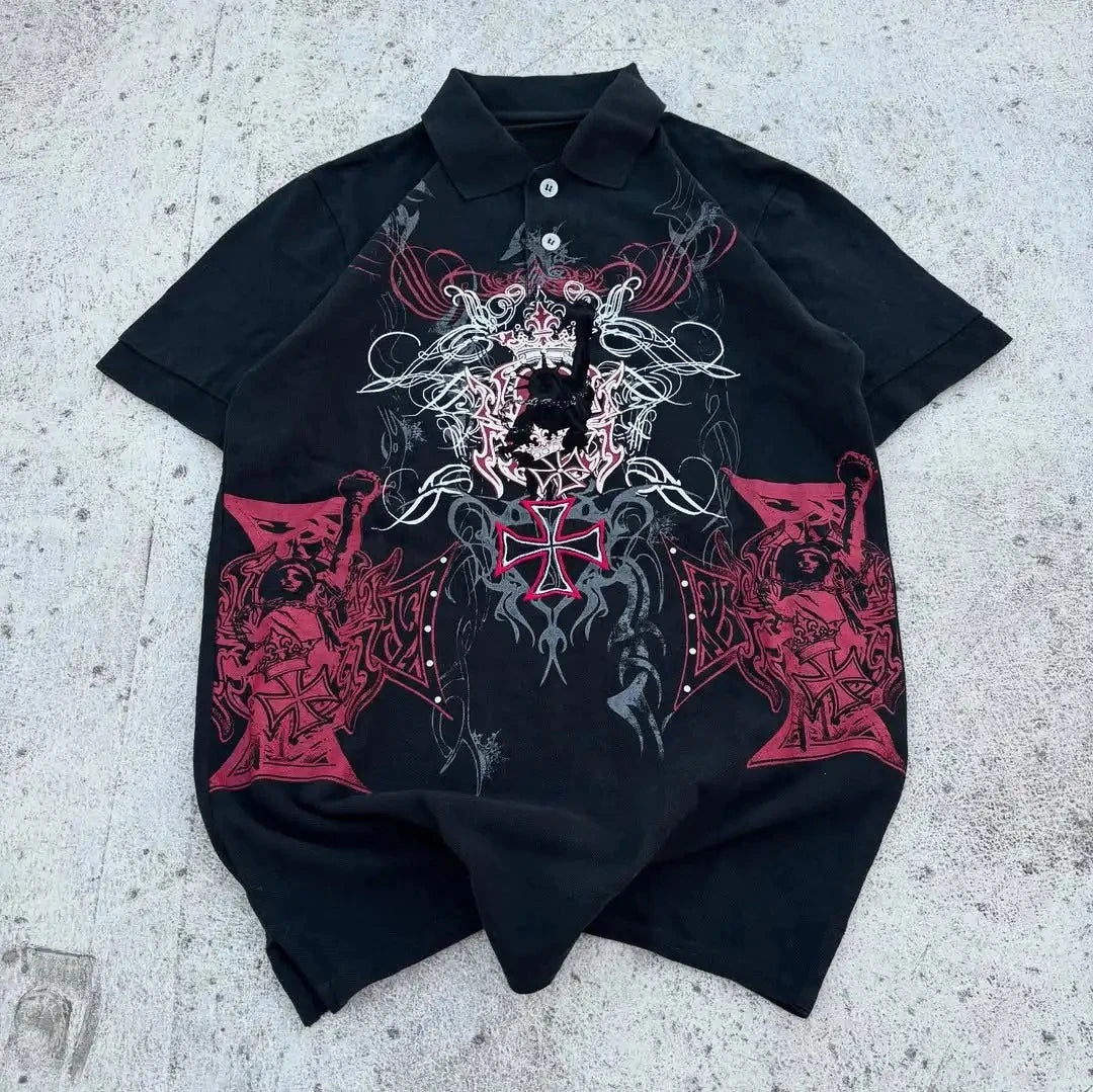 Comic Print Y2K Black Polo Tee