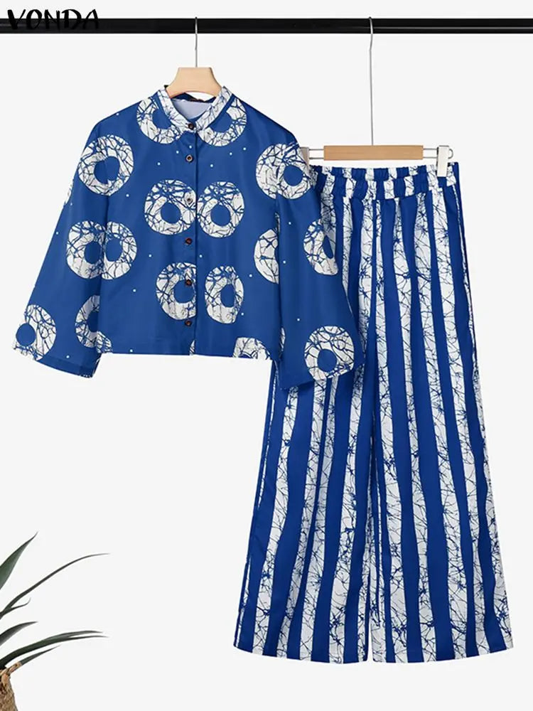Plus Size Bohemian Print Shirt & Wide Leg Pants Set — Women
