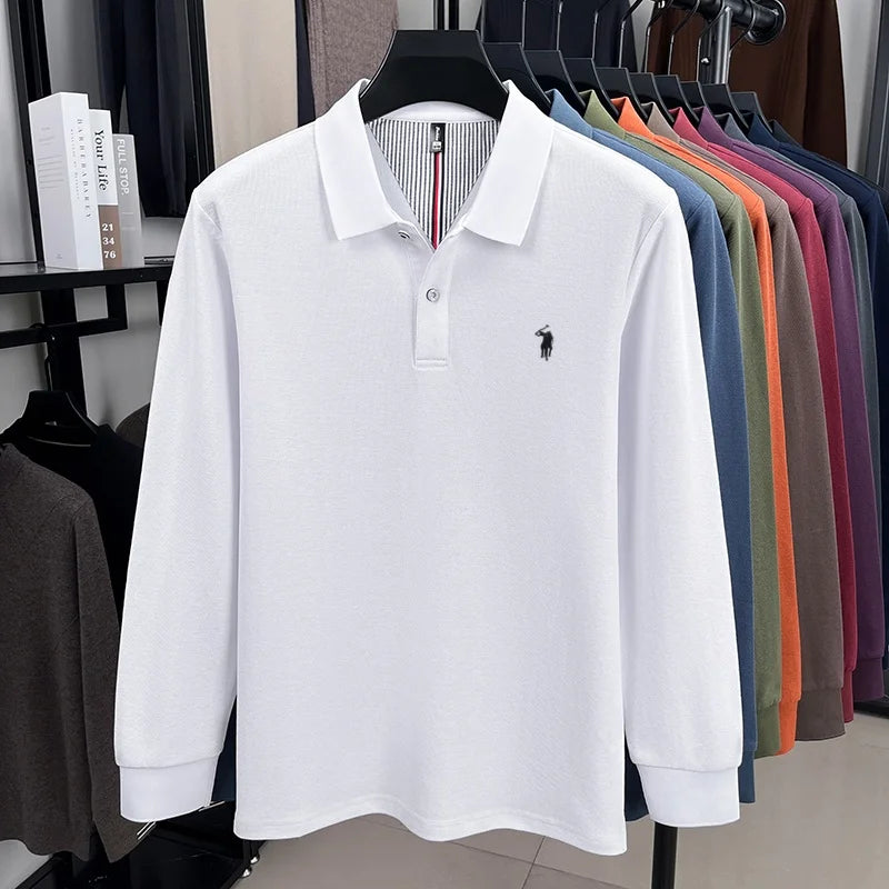 100% pure cotton autumn and winter men's fashion sports brand embroidered pony long sleeved POLO shirt business casual T-shirt