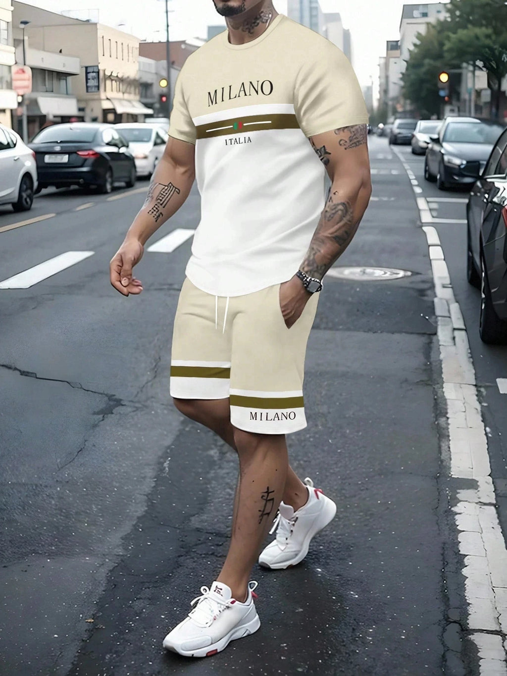 Men's Stripe Letter Print Oversized T-Shirt & Shorts Set