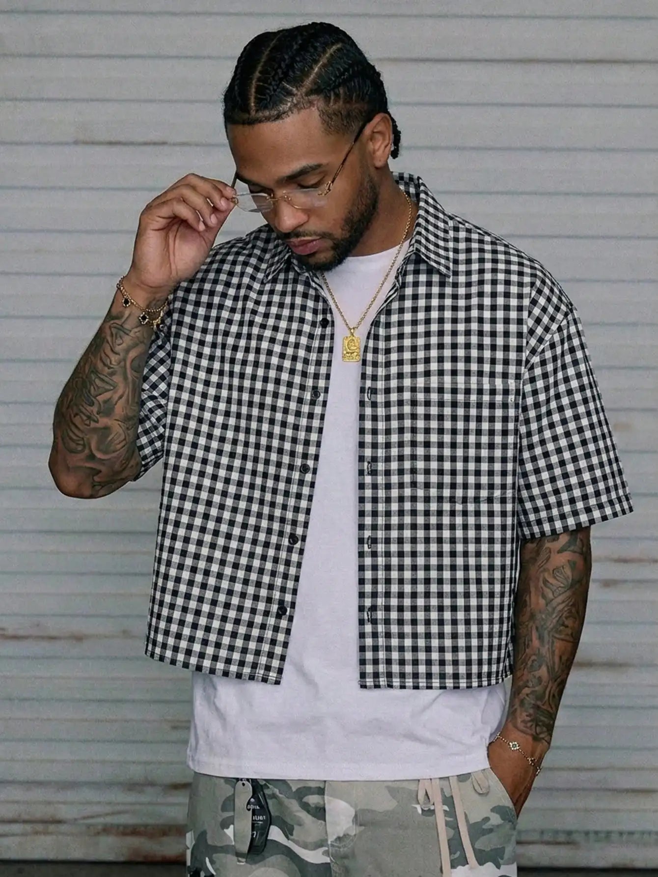 Men Casual Plaid Cropped Short Sleeve Shirt Y2k Street Style