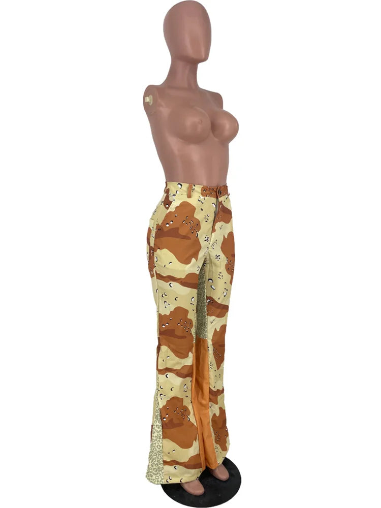 Y2K High Waist Print Flared Cargo Trousers — Women