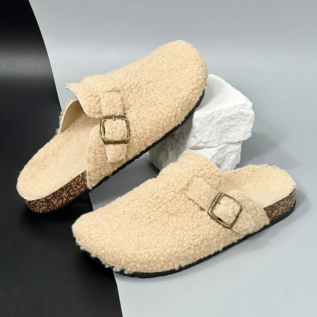 New Plush Closed-toe Slippers Retro Sandals Women Men's Indoor & Outdoor Slip-on Flat Shoes Suitable For Fall & Winter