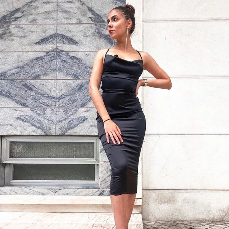 Neon Satin Lace-Up Bodycon Midi Dress — Women's