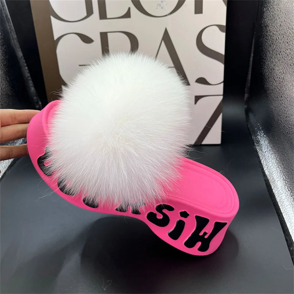 Women's Fox Fur Slippers Summer Open-Toe Fluffy Slippers Anti-Slip Shoes for Woman Sandals Fluffy Black Slides Fur Slides