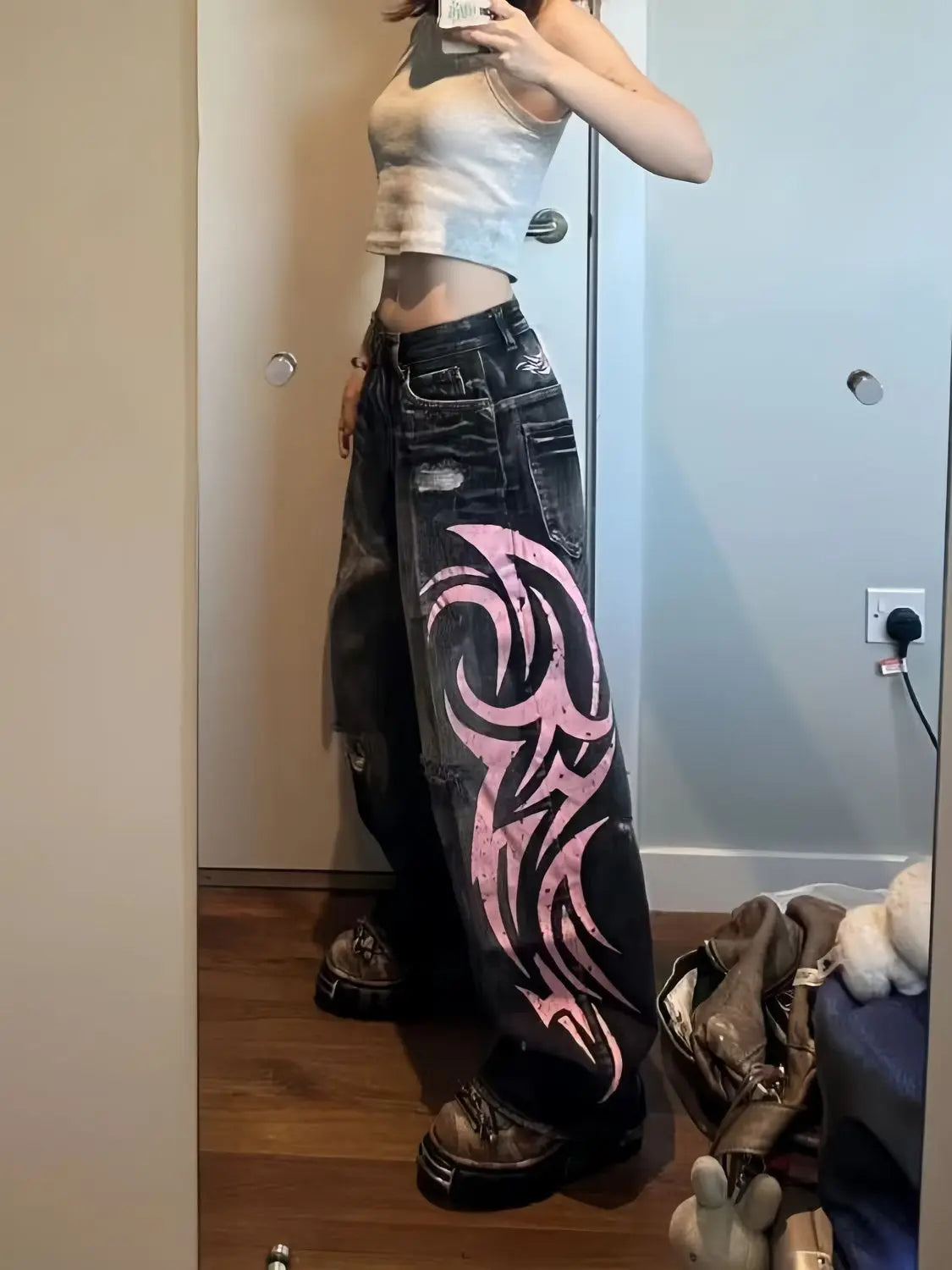Totem Print Baggy Y2K Jeans