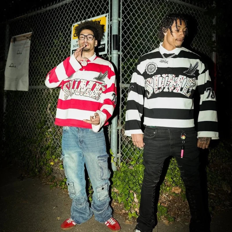 Y2K Stripe Embroidery Long Sleeve Polo