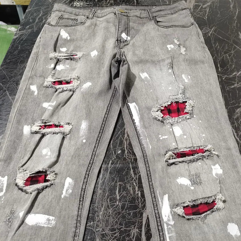 Grid Patch Ripped Slim Jeans