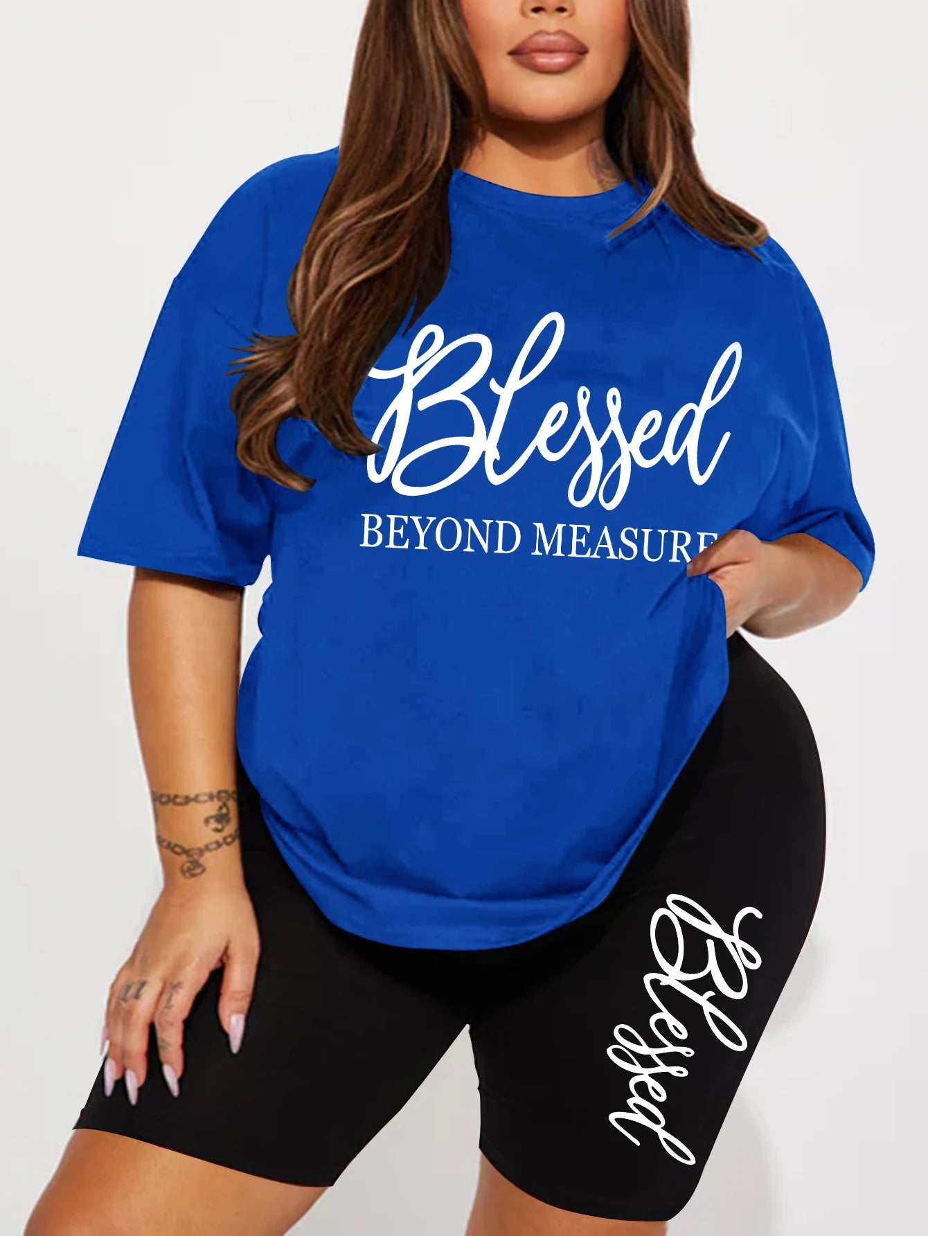 Plus Size Blessed Print Two-Piece Short Set — Women