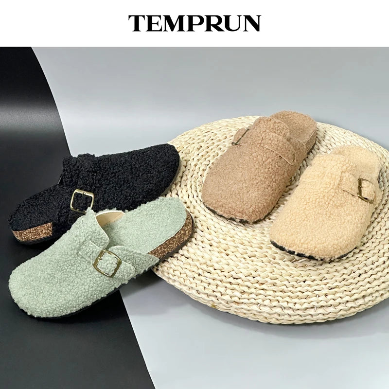 New Plush Closed-toe Slippers Retro Sandals Women Men's Indoor & Outdoor Slip-on Flat Shoes Suitable For Fall & Winter
