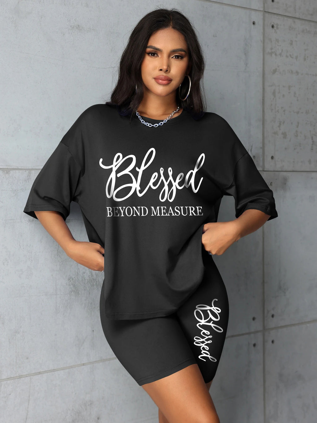 Plus Size Blessed Print Two-Piece Short Set — Women