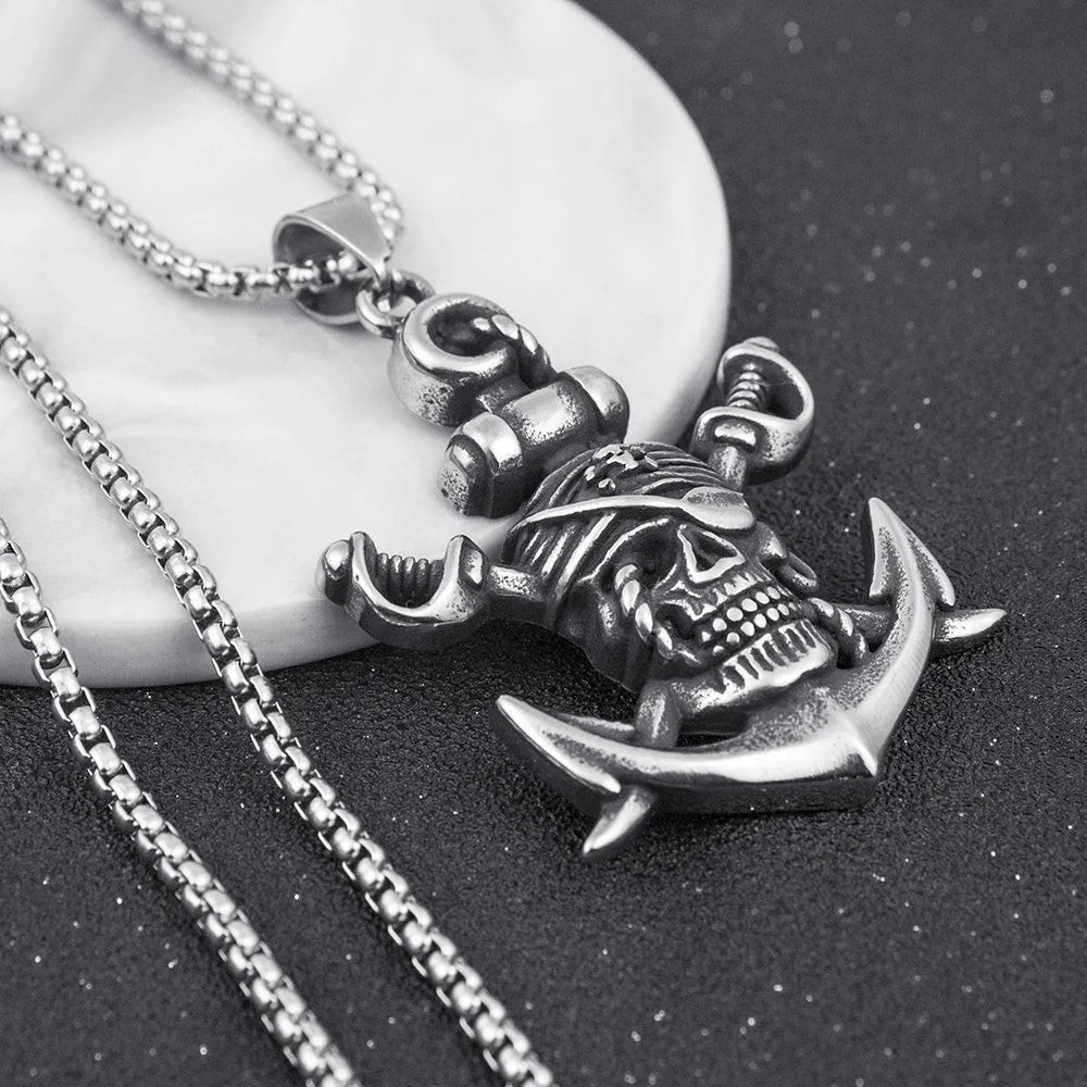 Wu's 2022 Double Sword Pirate Titanium Steel Necklace Retro Halloween Skull Ghost Head Anchor Necklace Imitation Turquoise Ancho