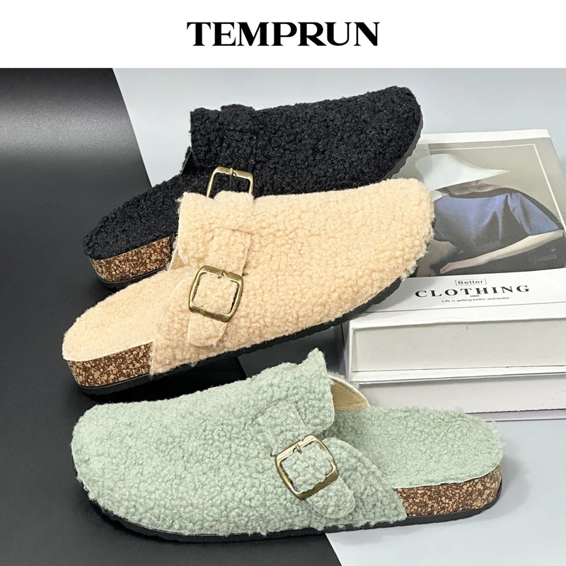 New Plush Closed-toe Slippers Retro Sandals Women Men's Indoor & Outdoor Slip-on Flat Shoes Suitable For Fall & Winter