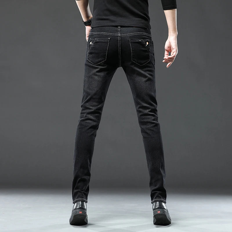 New Men Slim Korean Button Jeans Black Skinny Solid Color Stretch Multi-button Youth Male Denim Pants Streetwear