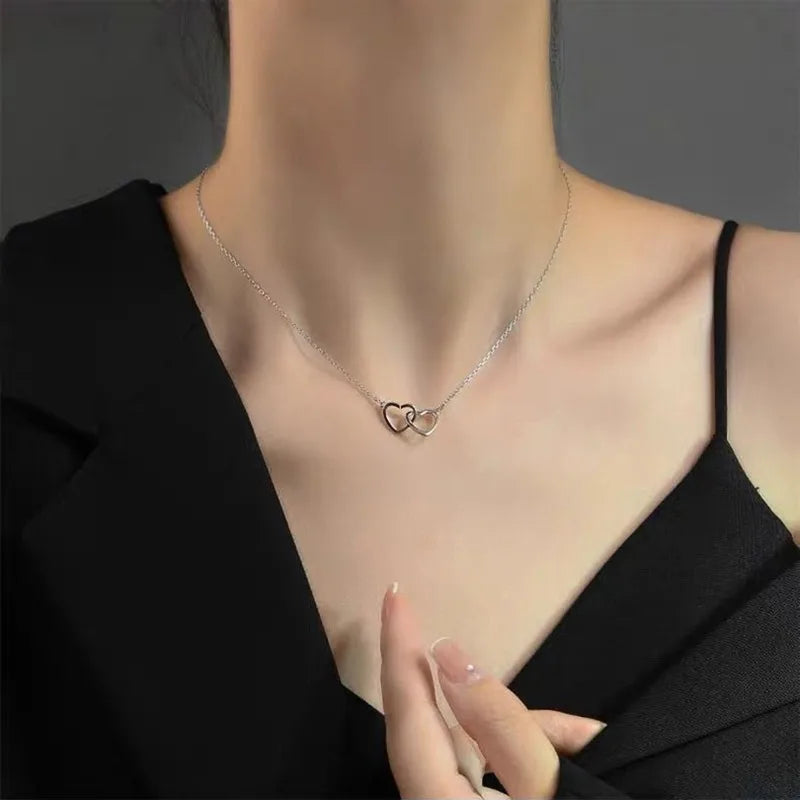 Simple Double Heart Pendant Necklace for Women Couple Stainless Steel Choker Gold Color Chain Wedding Party Friends Jewelry Gift