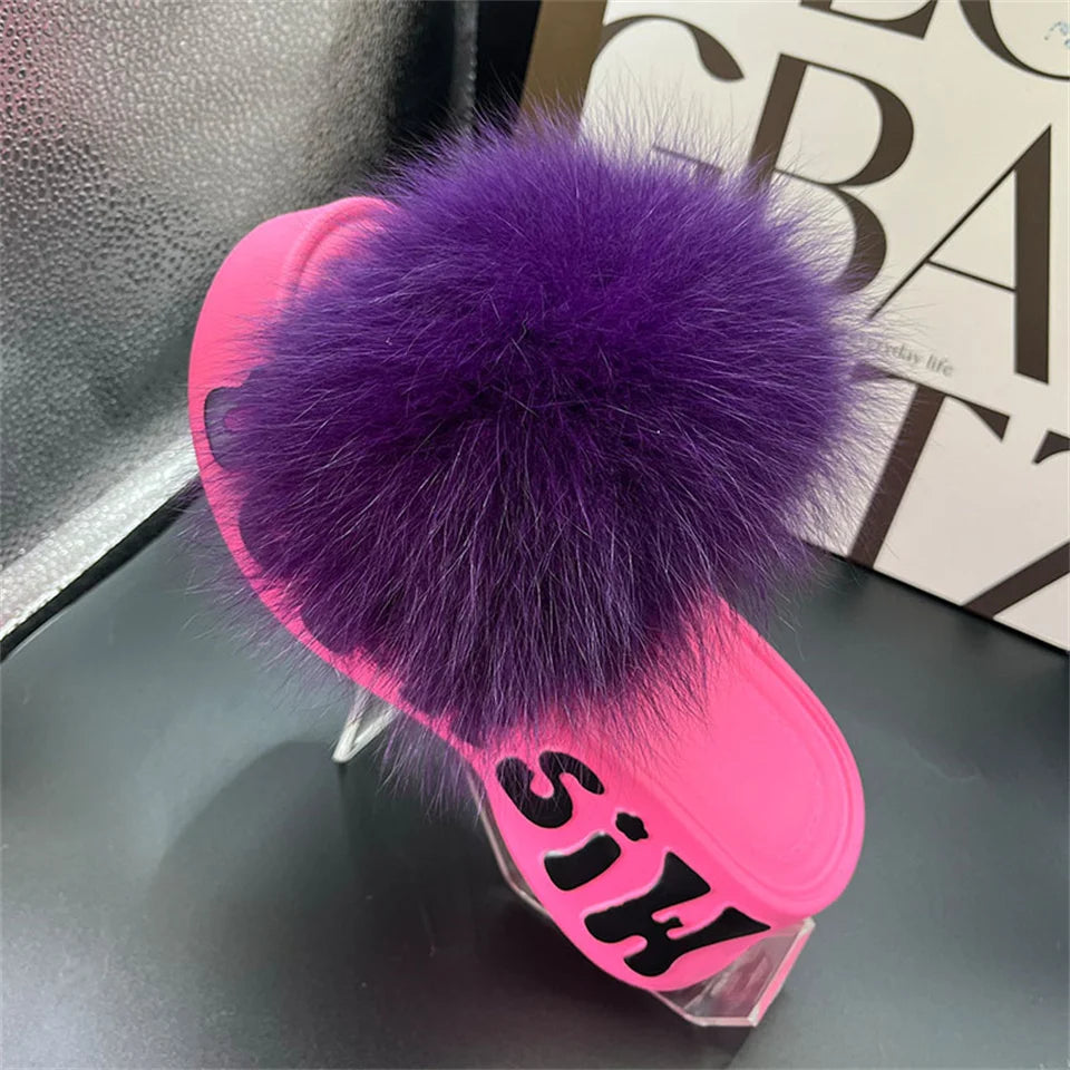 Women's Fox Fur Slippers Summer Open-Toe Fluffy Slippers Anti-Slip Shoes for Woman Sandals Fluffy Black Slides Fur Slides