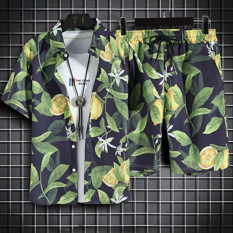Men's Hawaiian Print Shirt & Shorts Beach Set