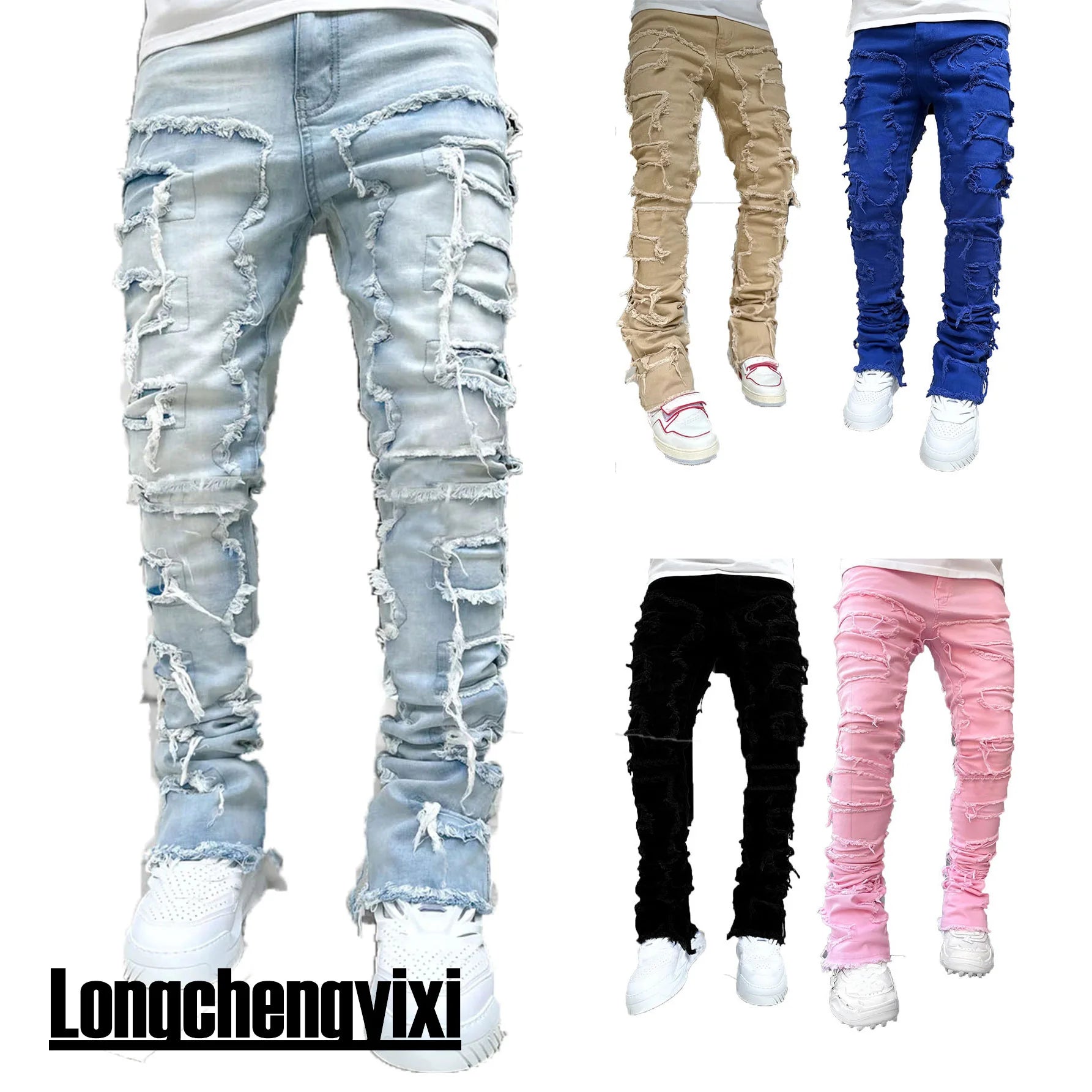Men's Ripped Slim Fit Stacked Denim Jeans
