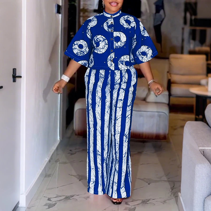 Plus Size Bohemian Print Shirt & Wide Leg Pants Set — Women
