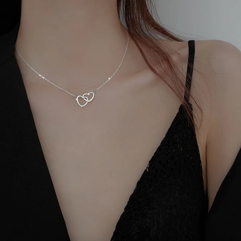 Simple Double Heart Pendant Necklace for Women Couple Stainless Steel Choker Gold Color Chain Wedding Party Friends Jewelry Gift