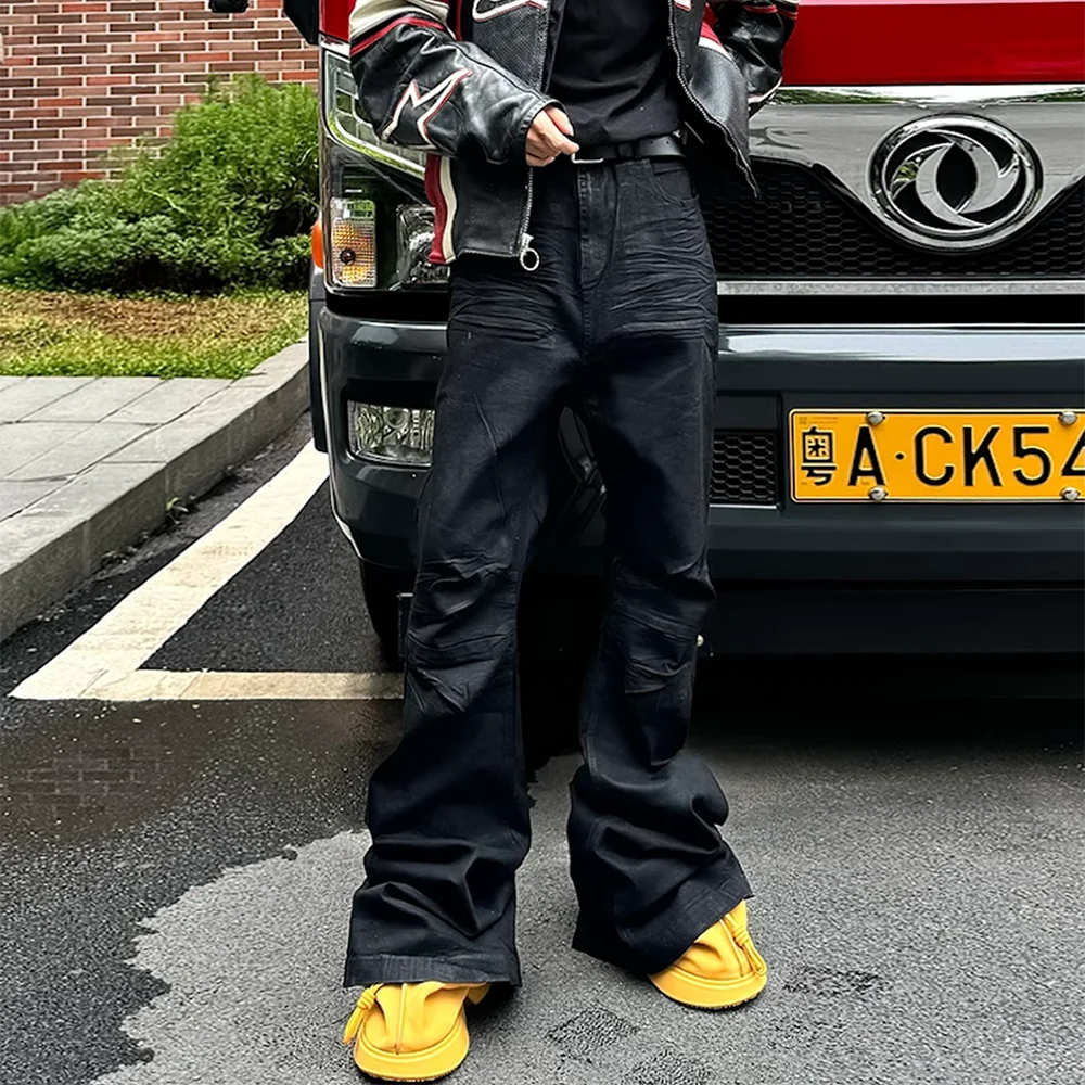 Streetwear Black Glue Coated Boot Cut for Men and Women Straight Baggy Casual Flare Pants Oversized Loose Denim Trousers