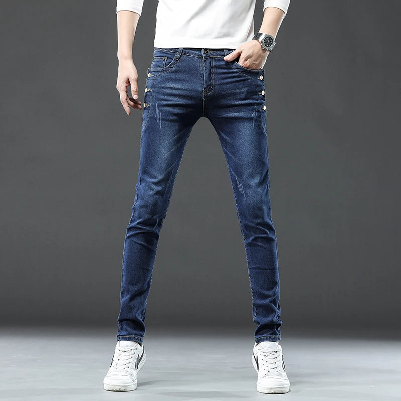 New Men Slim Korean Button Jeans Black Skinny Solid Color Stretch Multi-button Youth Male Denim Pants Streetwear